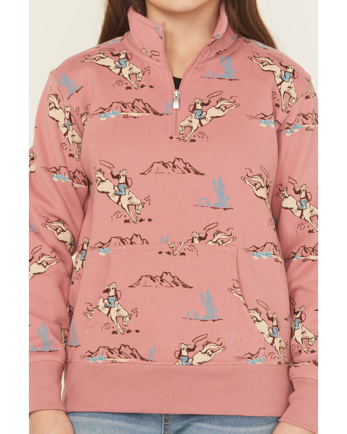 Image #3 - Ariat Girls' Horse Print 1/4 Zip Pullover, Pink, hi-res