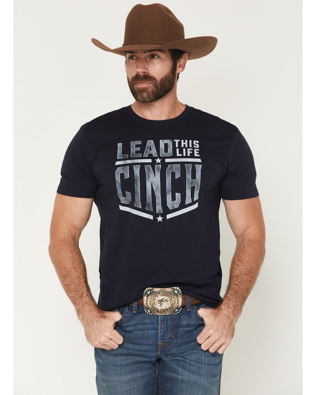 Image #1 - Cinch Men's Boot Barn Exclusive Lead This Life Short Sleeve Graphic T-Shirt, Navy, hi-res