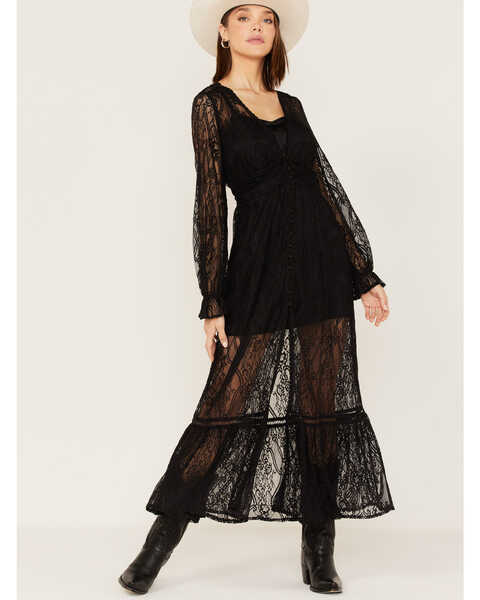 Shyanne Women's Floral Lace Duster Dress, Black, hi-res