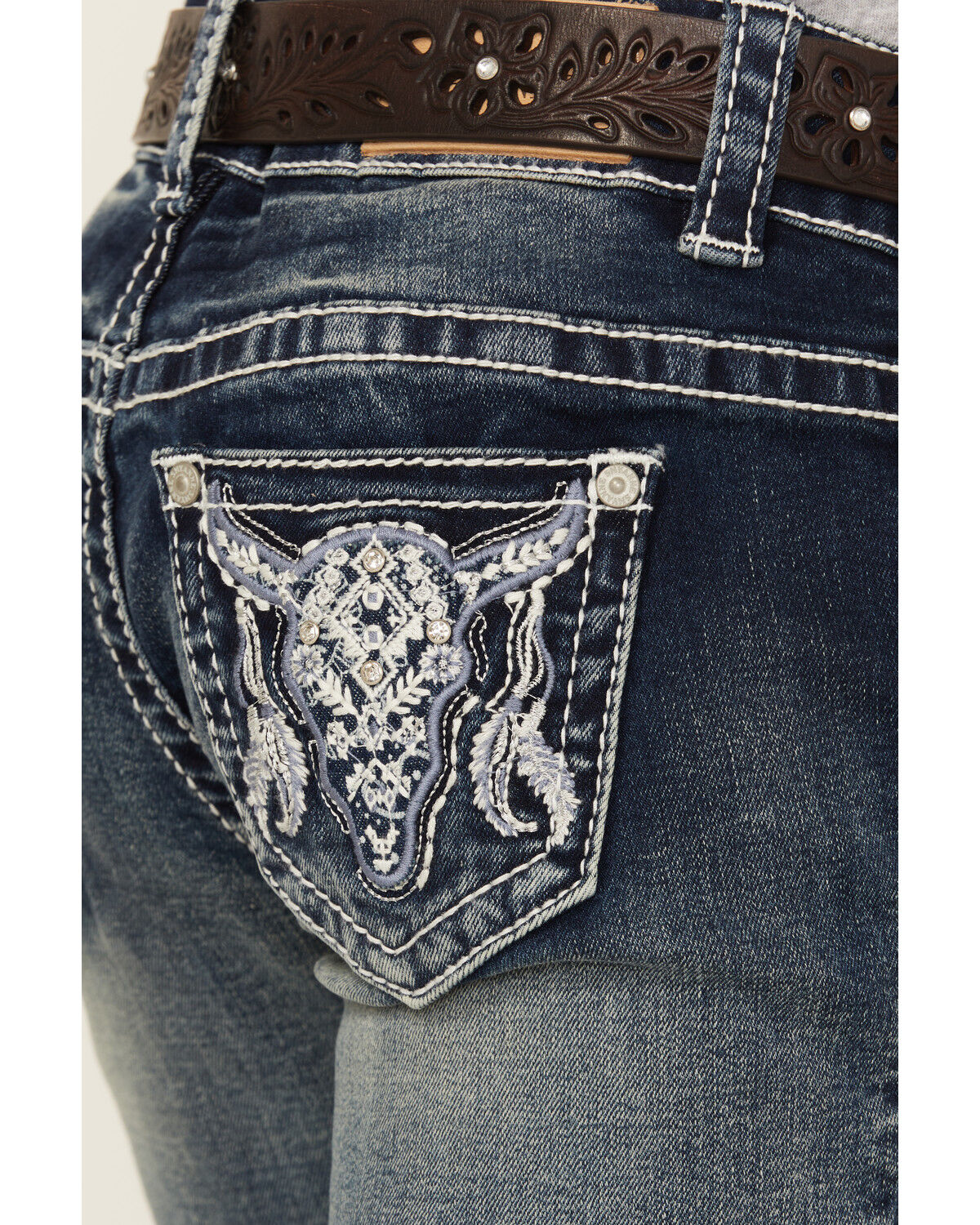 Image #2 - Shyanne Girls' Steerhead Embroidered Bootcut Stretch Denim Jeans, Blue, hi-res