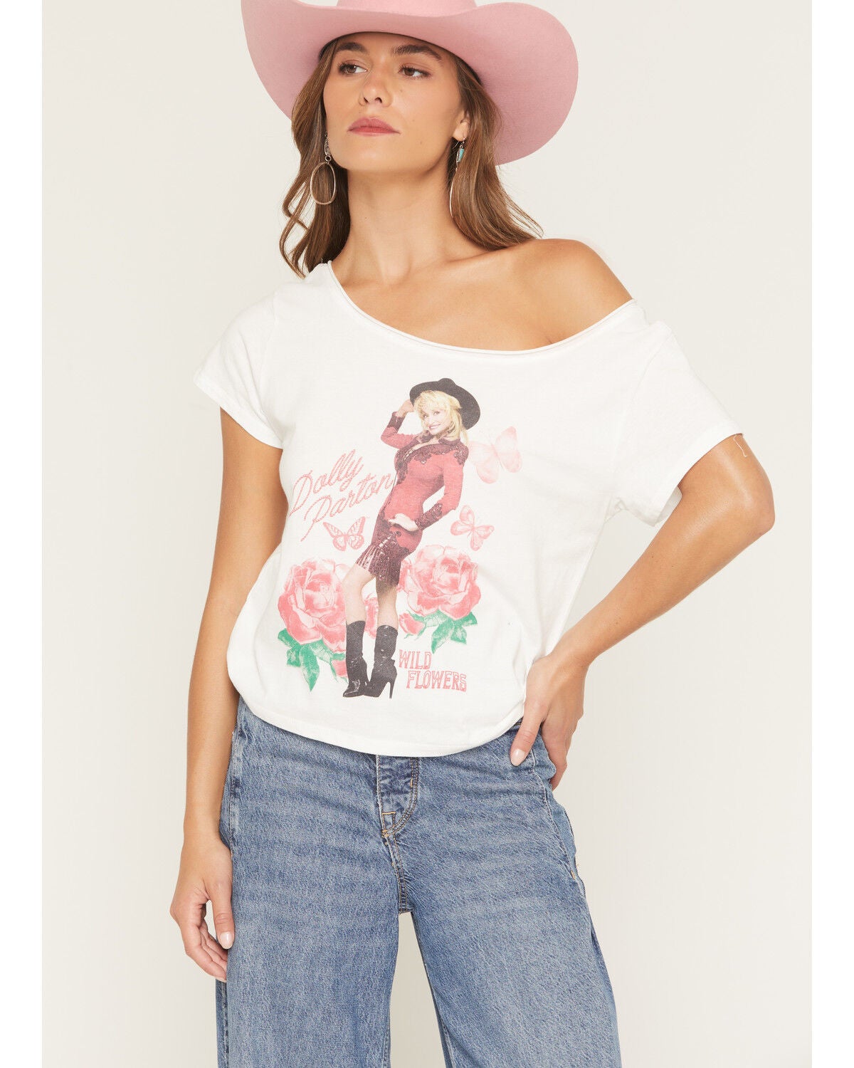 Goodie Two Sleeves Women's Dolly Rose Off The Shoulder Short Sleeve Tee, White, hi-res