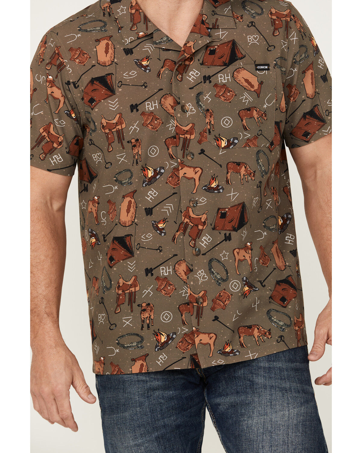 Image #3 - Cinch Men's Camp Conversational Print Short Sleeve Button-Down Performance Stretch Western Shirt, Brown, hi-res