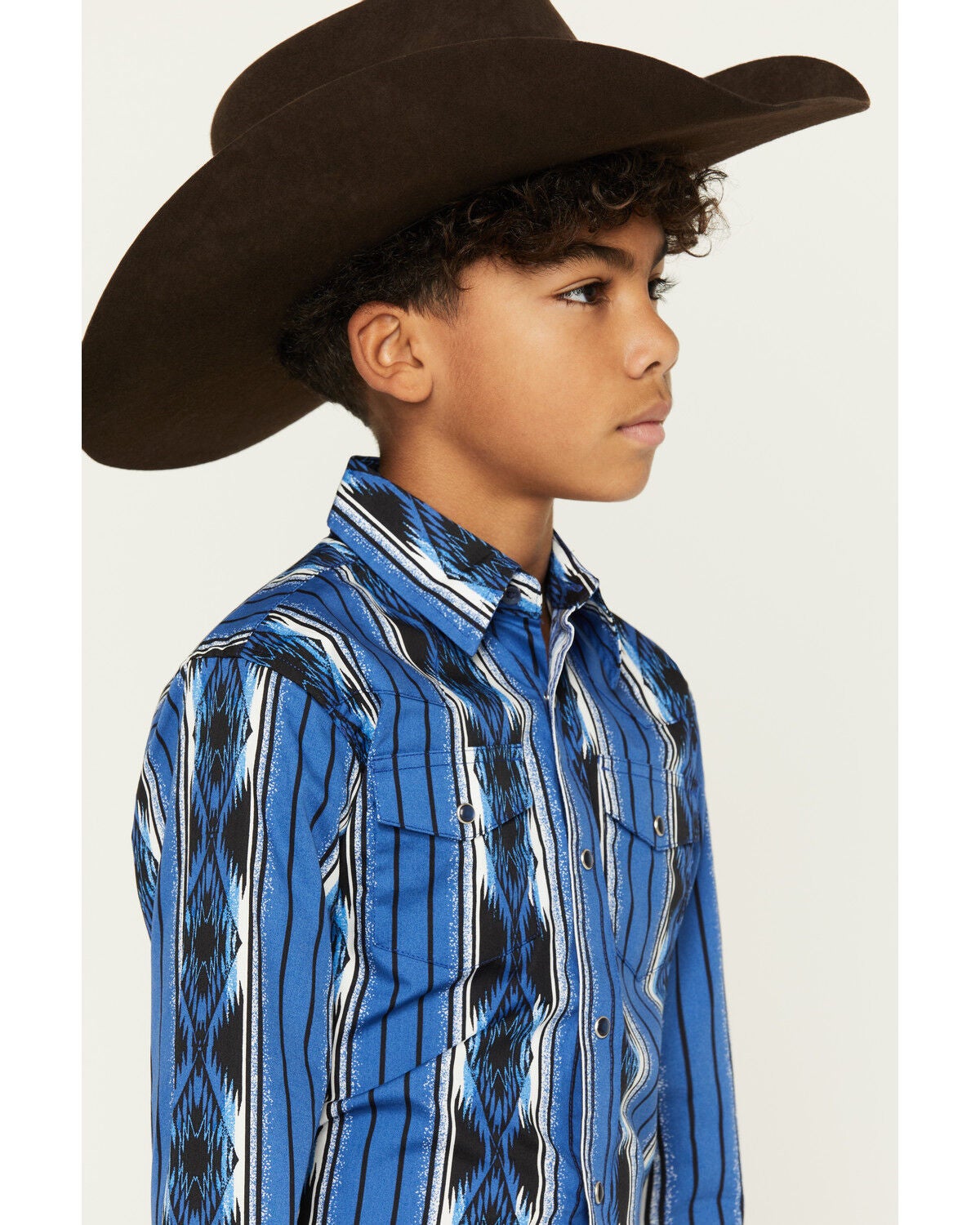 Image #2 - Wrangler Boys' Southwestern Striped Long Sleeve Pearl Snap Western Shirt, Blue, hi-res
