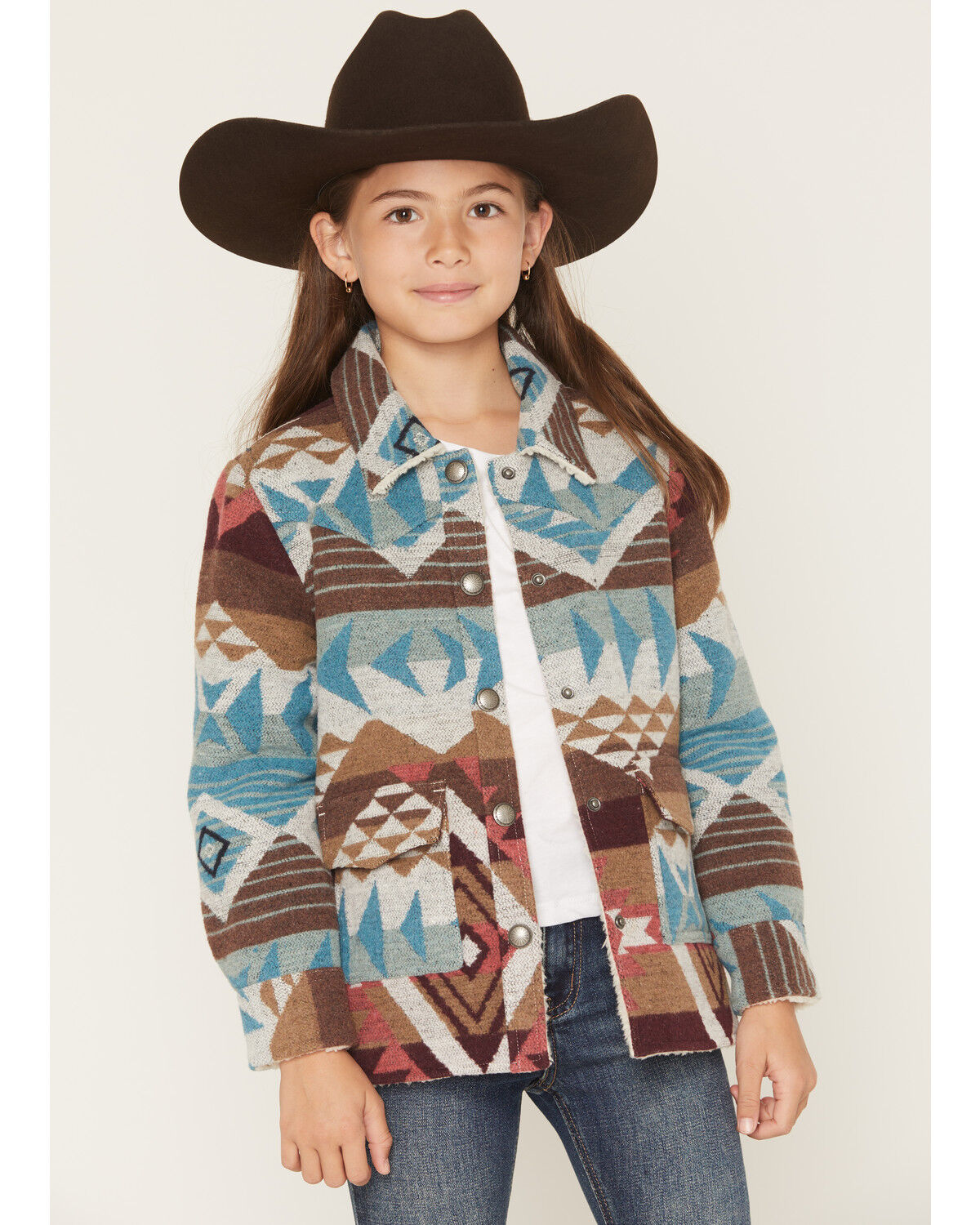 Image #1 - Shyanne Girls' Iris Reversible Southwestern Print Shacket, Turquoise, hi-res