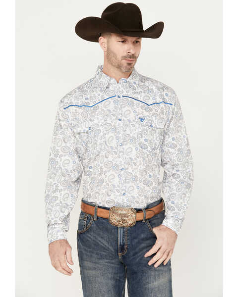Image #1 - Cowboy Hardware Men's Mixed Paisley Print Long Sleeve Pearl Snap Western Shirt, White, hi-res