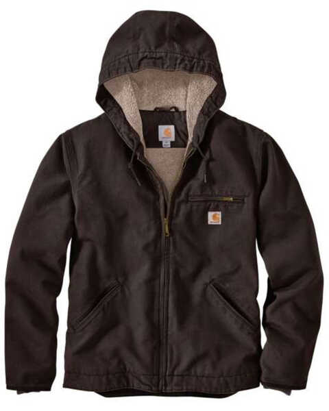 Carhartt Men's Dark Brown Washed Duck Sherpa Lined Hooded Work Jacket , Brown, hi-res