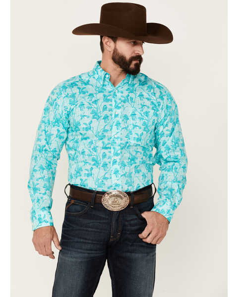 Image #1 - Ariat Men's WF Hassan Floral Print Long Sleeve Button Down Western Shirt , Turquoise, hi-res