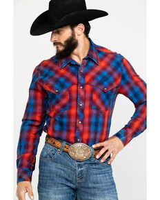 Rock & Roll Denim Men's Brushed Twill Plaid Long Sleeve Western Shirt , Red, hi-res