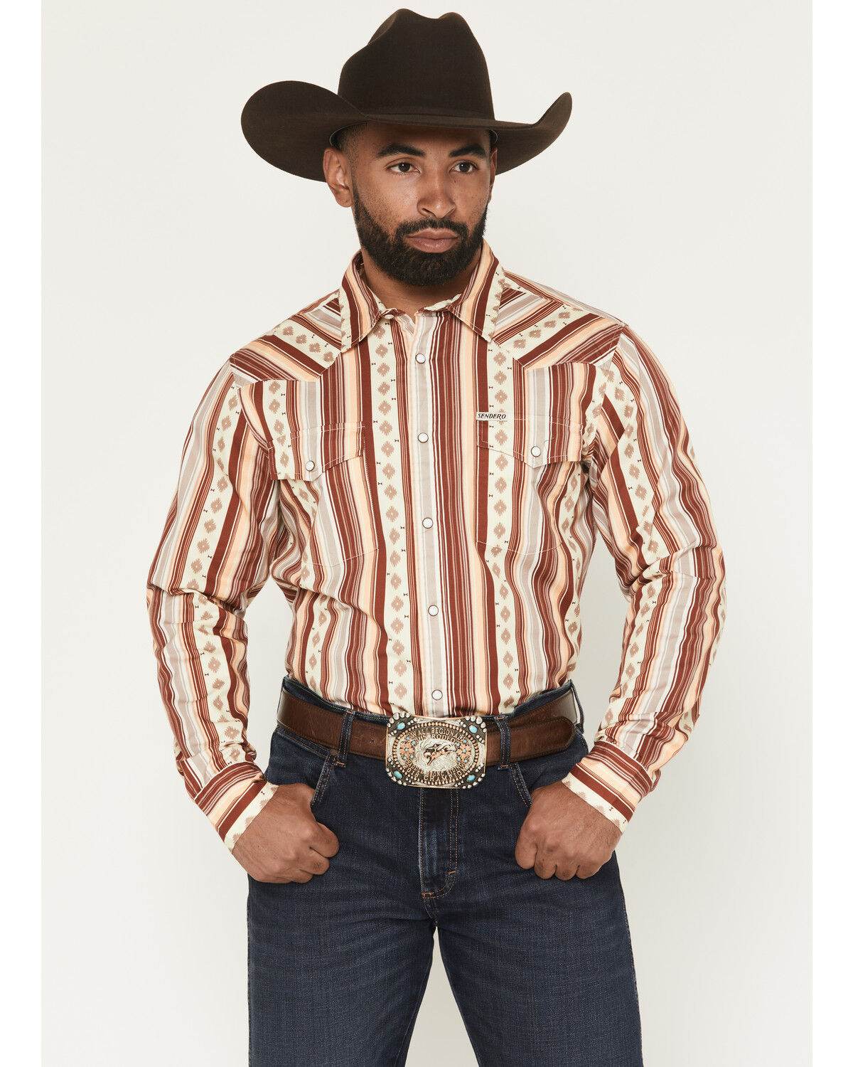 Image #1 - Sendero Provisions Men's Wyatt Southwestern Stripe Print Long Sleeve Snap Western Shirt, Maroon, hi-res