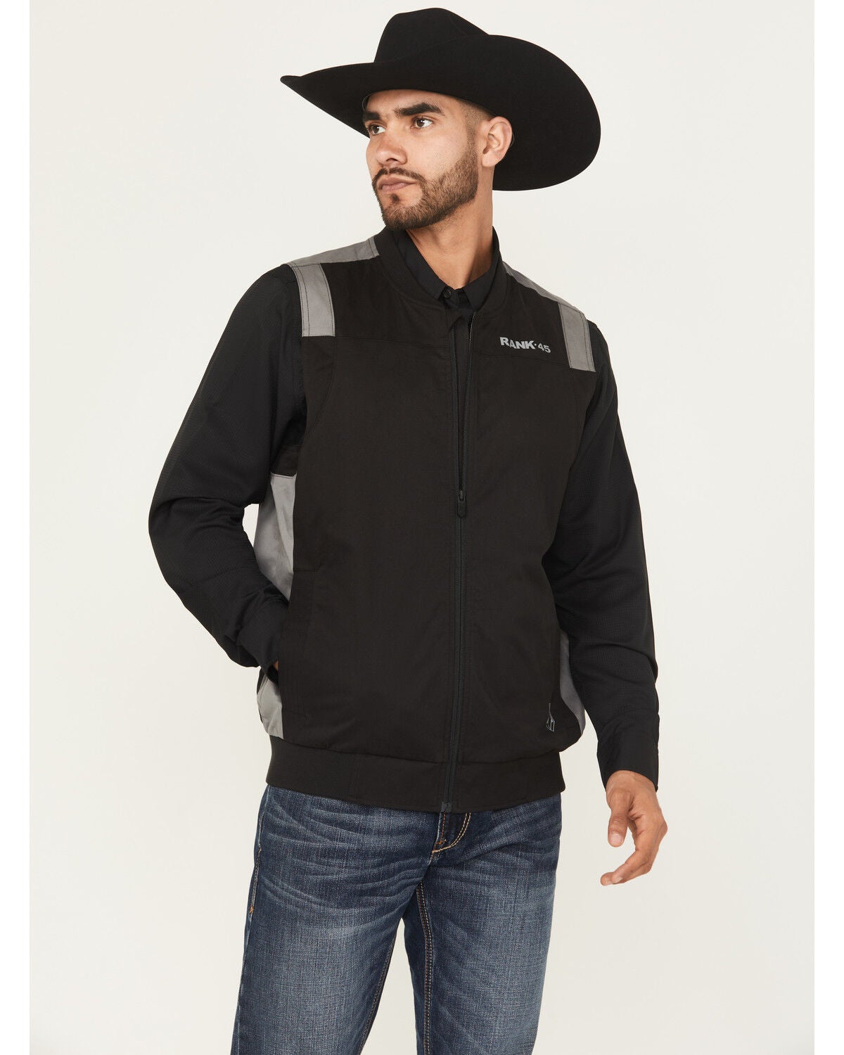 RANK 45&reg; Men's Starburst Bomber Vest, Black, hi-res