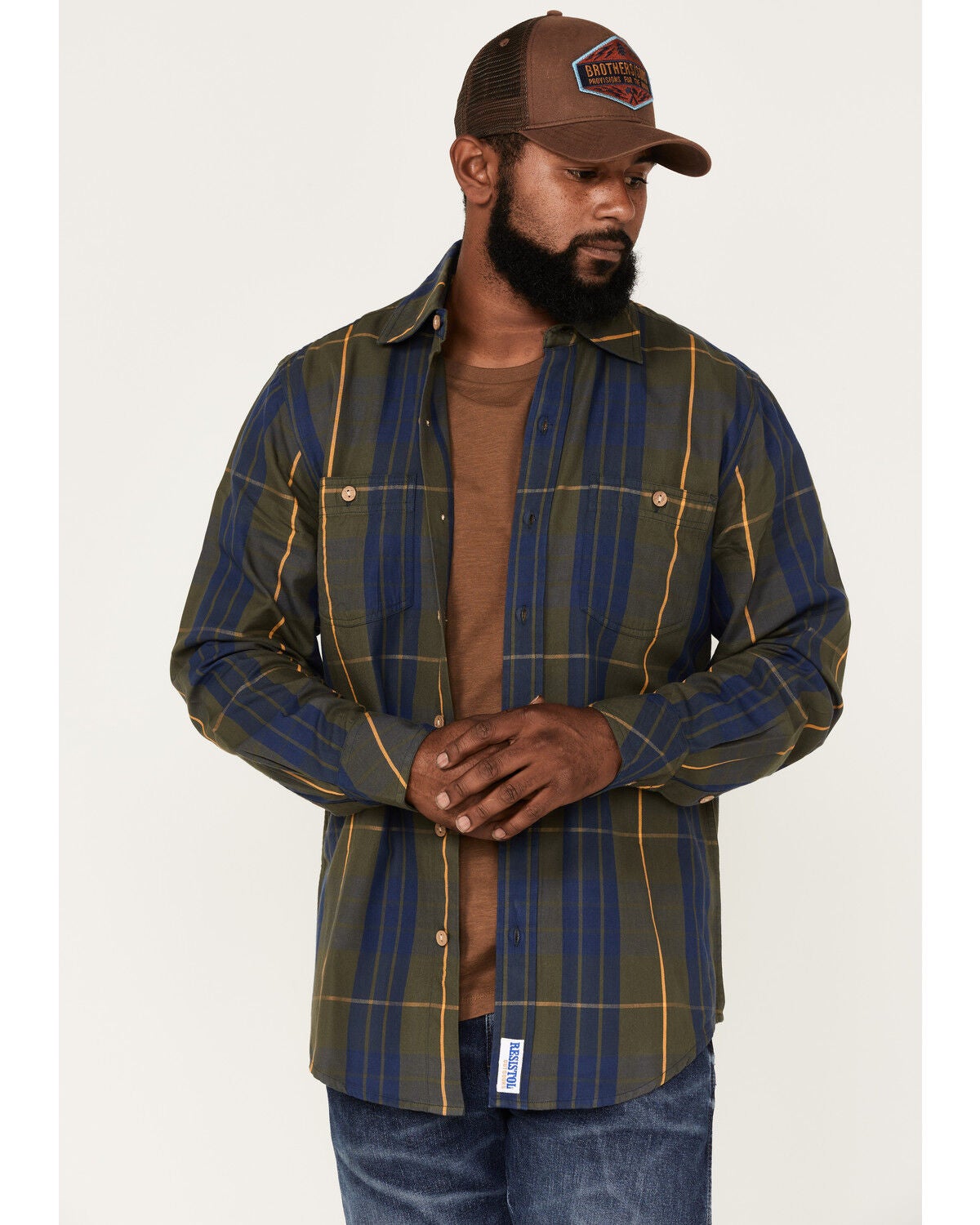 Resistol Men's Longmont Large Plaid Button Down Western Shirt, Olive, hi-res