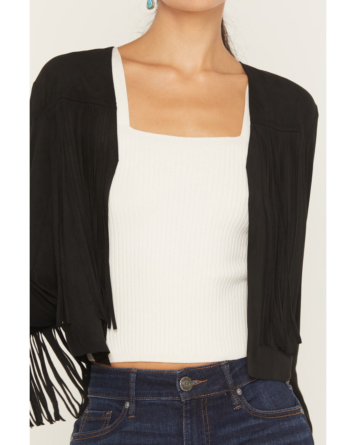 Image #3 - Shyanne Women's Fringe Faux Suede Cropped Jacket, Black, hi-res