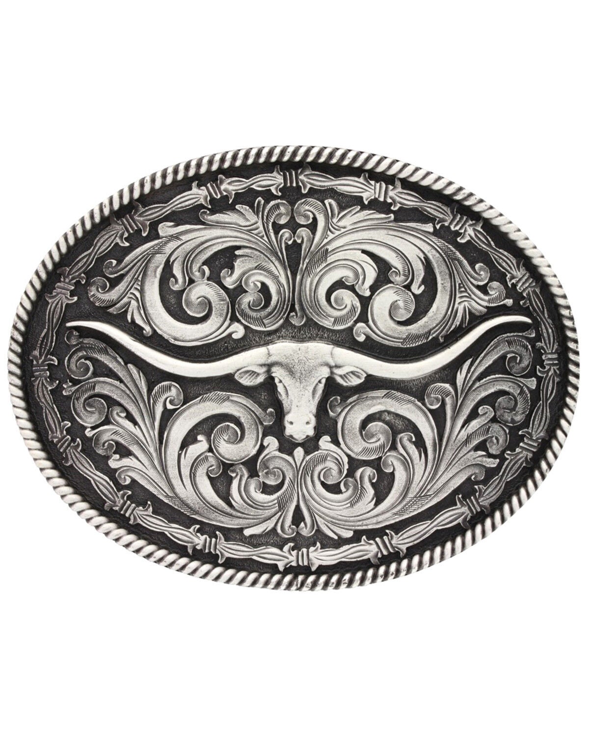 Montana Silversmiths Barbed Wire Longhorn Classic Impressions Attitude Belt Buckle, Silver, hi-res