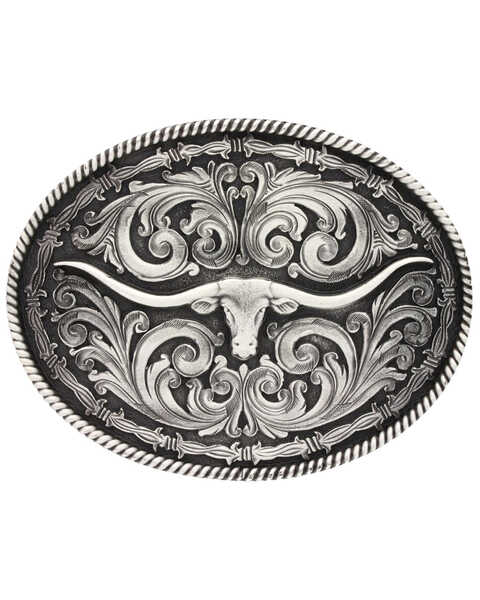 Montana Silversmiths Men's Barbed Wire Longhorn Classic Impressions Attitude Belt Buckle, Silver, hi-res