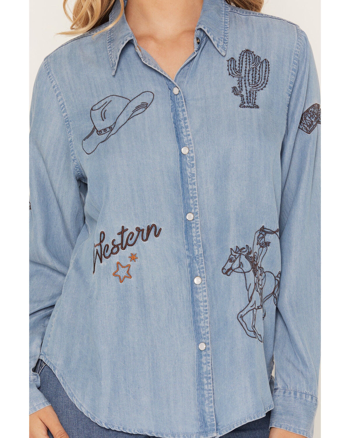 Image #3 - Blue B Women's Light Wash Western Embroidered Long Sleeve Pearl Snap Shirt, Light Wash, hi-res
