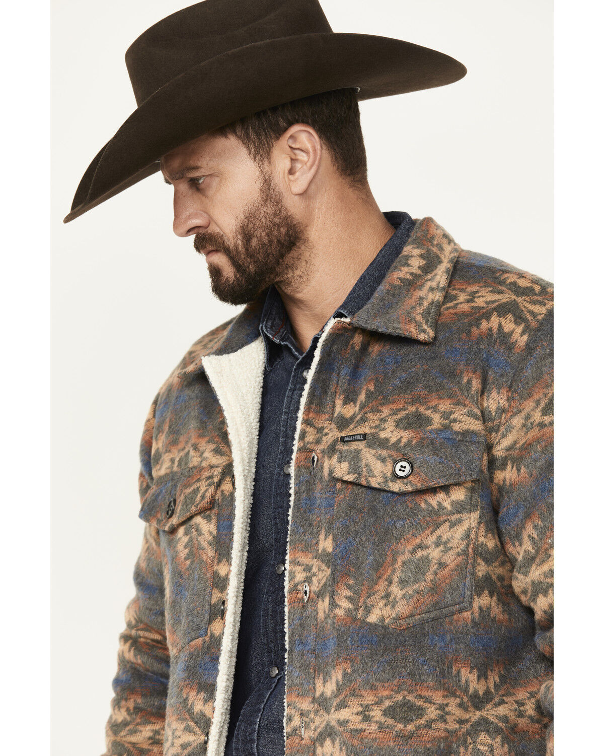 Image #2 - Rock & Roll Denim Men's Southwestern Sherpa Lined Shirt Jacket, Charcoal, hi-res