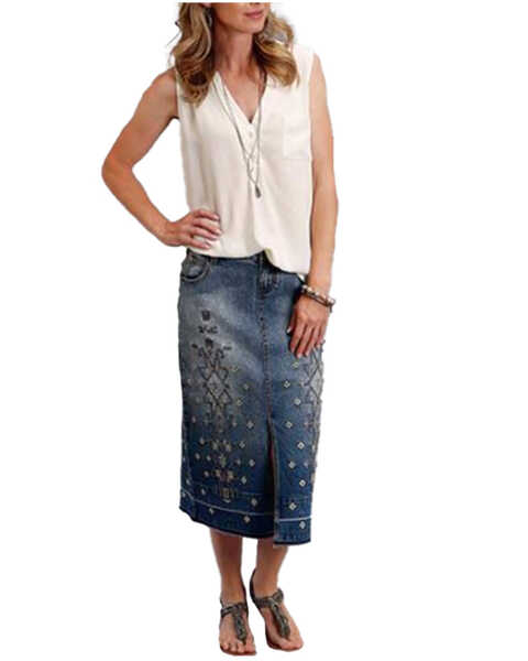 Image #1 - Stetson Women's Embroidered Long Denim Skirt, Blue, hi-res