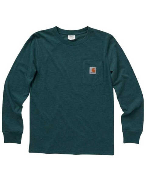 Carhartt Boys' Hard Working Gear Mountain Logo Graphic Pocket Long Sleeve T-Shirt, Teal, hi-res