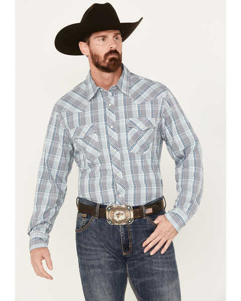 Wrangler 20X Men's Plaid Print Long Sleeve Snap Western Shirt, Blue, hi-res