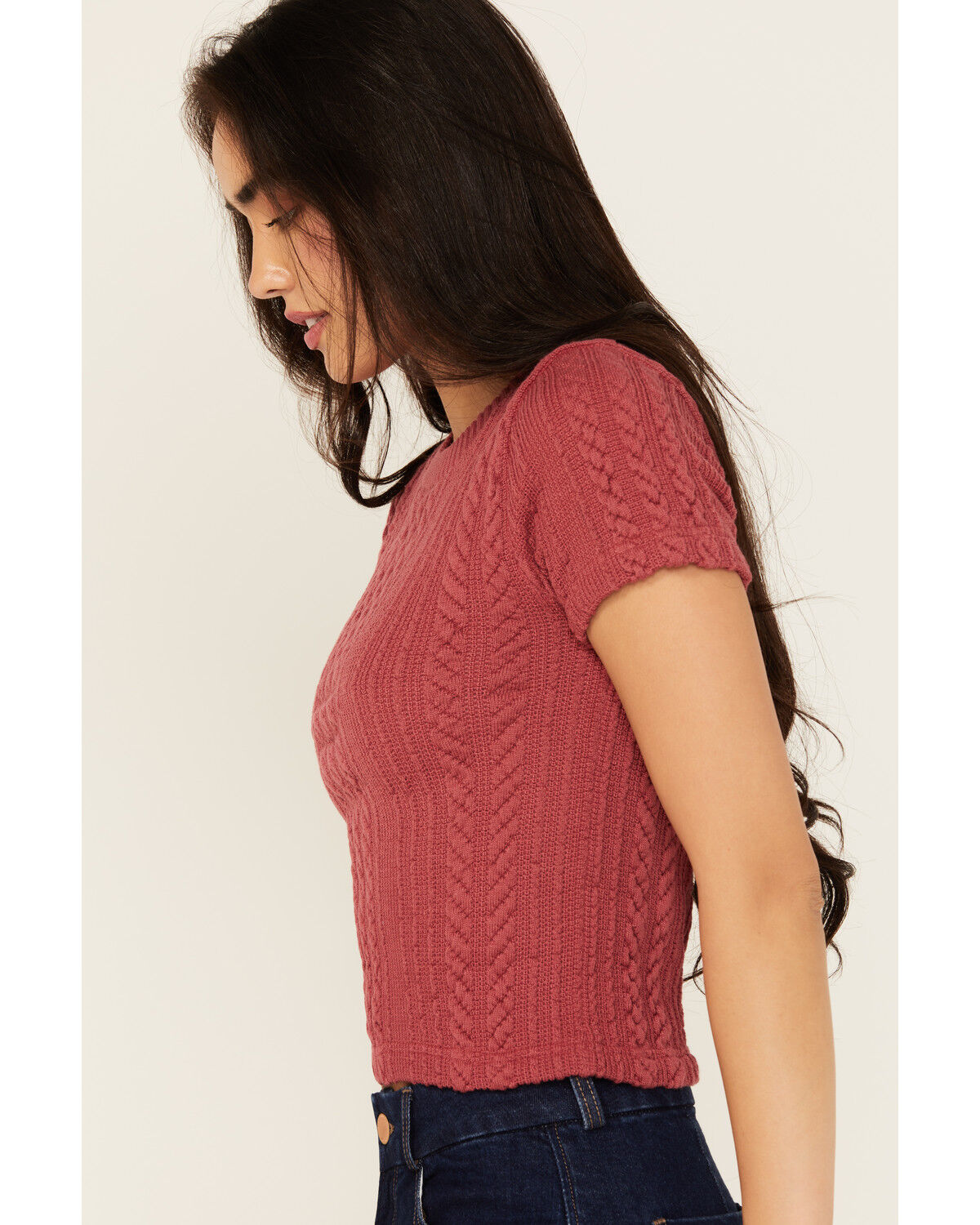 Image #2 - Evergreen Women's Cable Rib Short Sleeve Top, Burgundy, hi-res