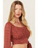 Image #2 - Beyond The Radar Women's Floral Lace Long Sleeve Tie Back Cropped Shirt, Rust, hi-res