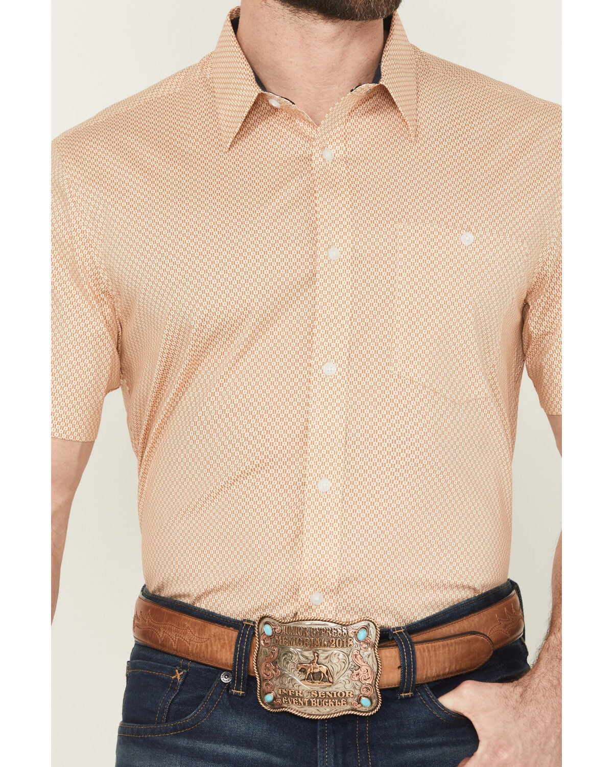 Image #3 - RANK 45&reg; Men's Cowboy Co Geo Print Short Sleeve Button-Down Stretch Western Shirt, Camel, hi-res