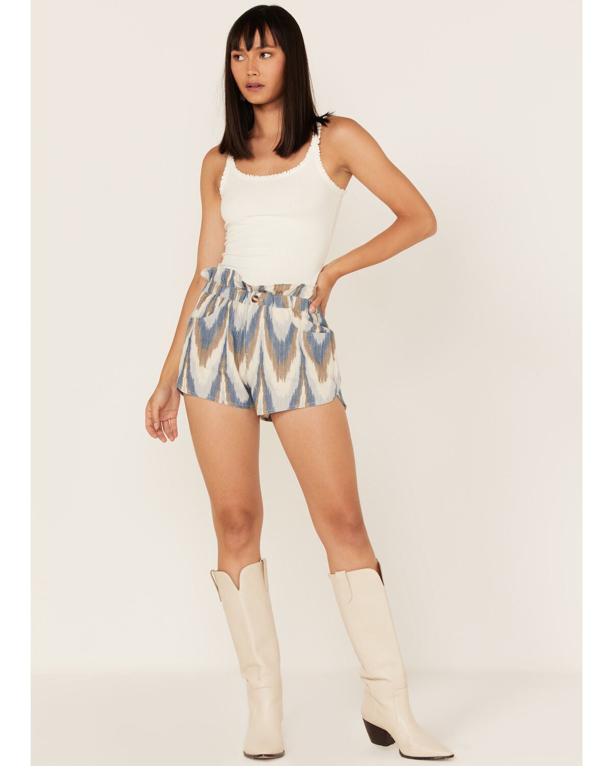 Shyanne Women's Ikat Print Paperbag Shorts, Bright Blue, hi-res
