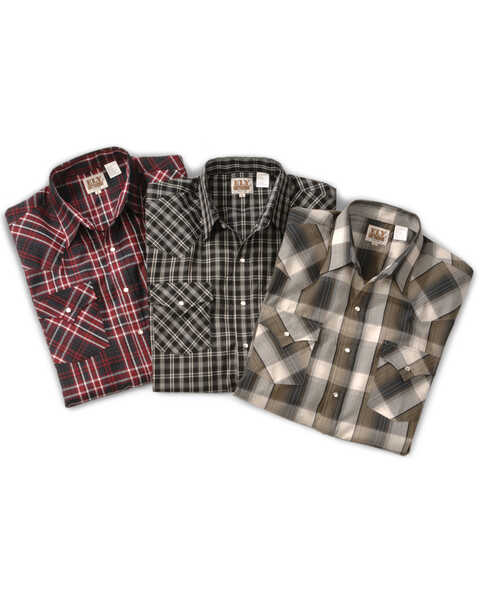 Image #1 - Ely Walker Men's Assorted Plaid or Stripe Short Sleeve Pearl Snap Western Shirt, Plaid, hi-res