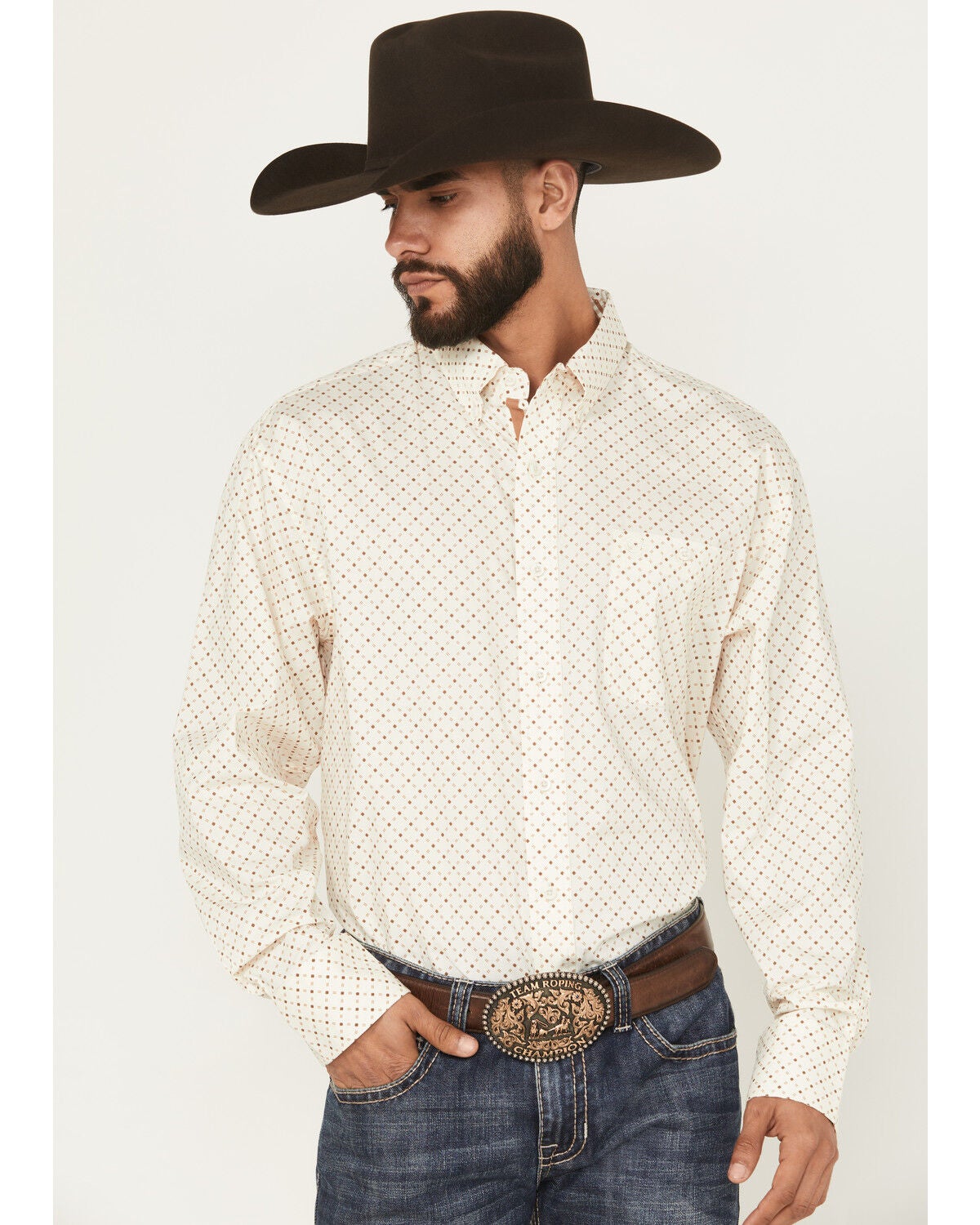 George Strait by Wrangler Men's Geo Print Long Sleeve Button-Down Stretch Western Shirt - Tall, White, hi-res