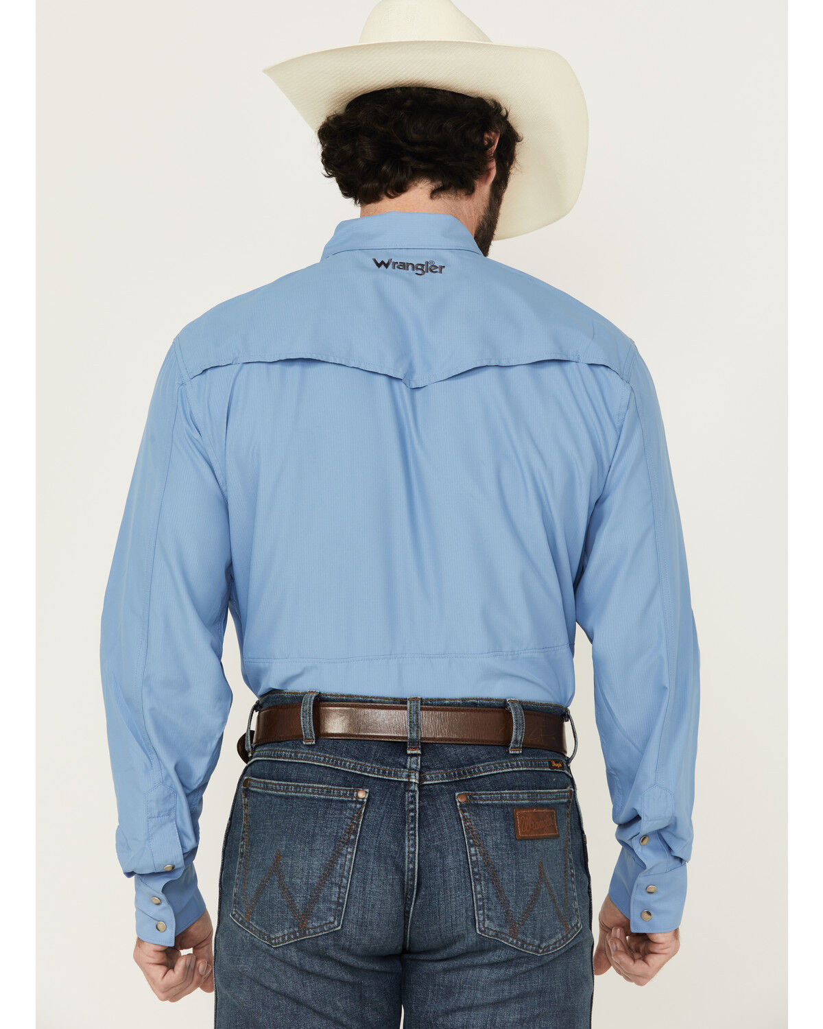 Image #4 - Wrangler Men's Solid Long Sleeve Snap Performance Western Shirt, Blue, hi-res