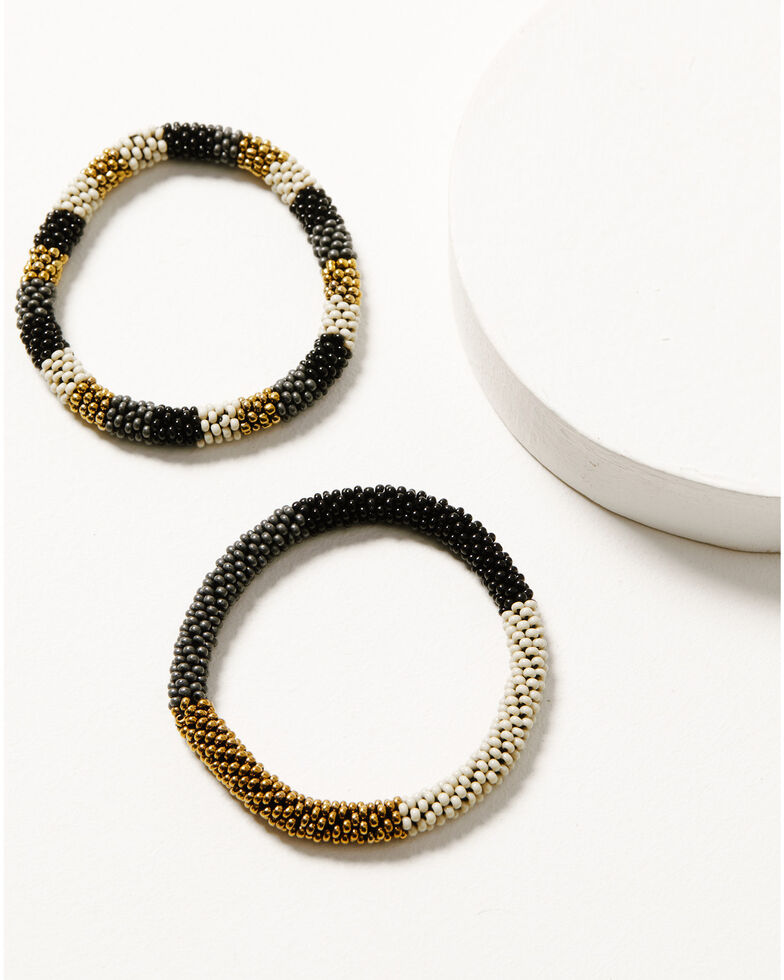 Ink + Alloy Women's Black Ivory Gold 2pc Slide-On Stacking Beaded Bracelets, Multi, hi-res