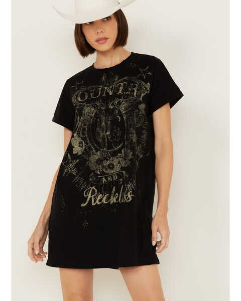 Image #2 - Blended Women's Country Reckless Graphic Tee Mini Dress , Black, hi-res