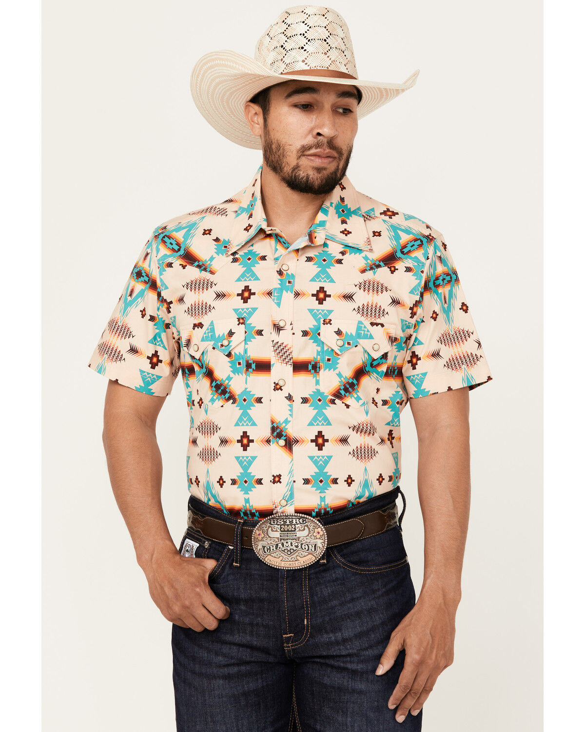 Image #1 - Rock & Roll Denim Men's Southwestern Print Short Sleeve Snap Stretch Western Shirt, Natural, hi-res