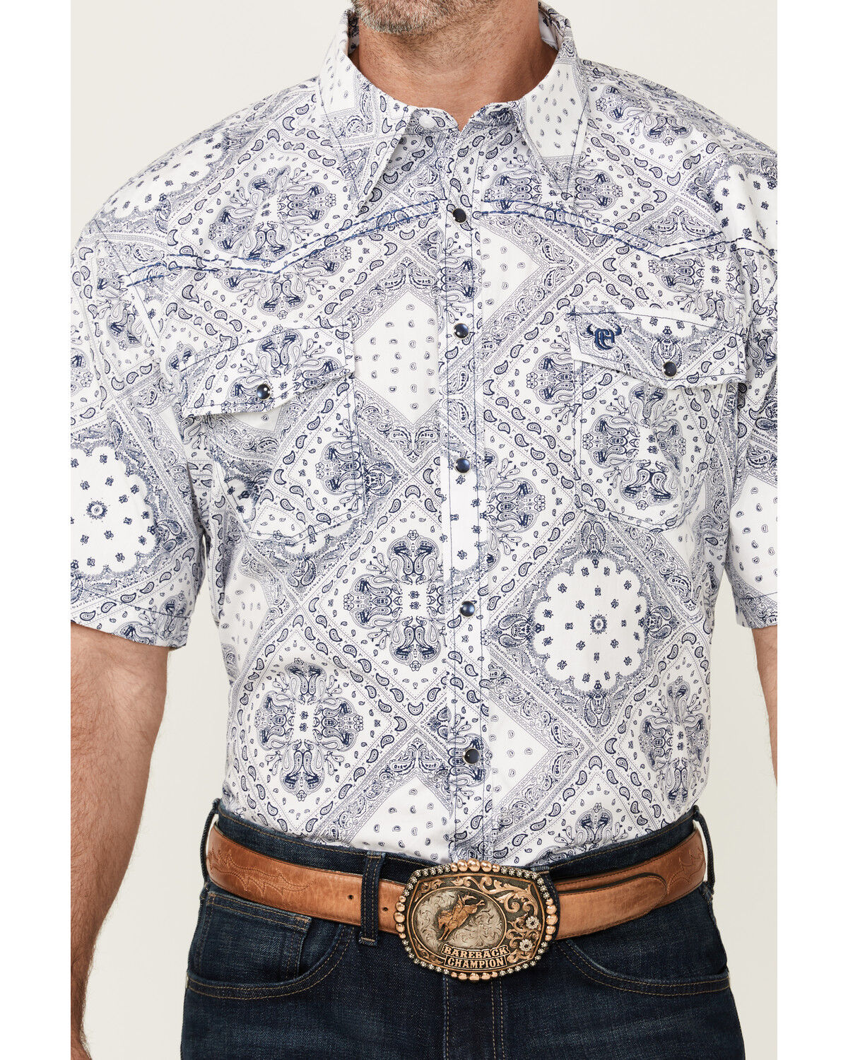 Image #3 - Cowboy Hardware Men's Boot Barn Exclusive Bandana Print Short Sleeve Snap Western Shirt, Navy, hi-res