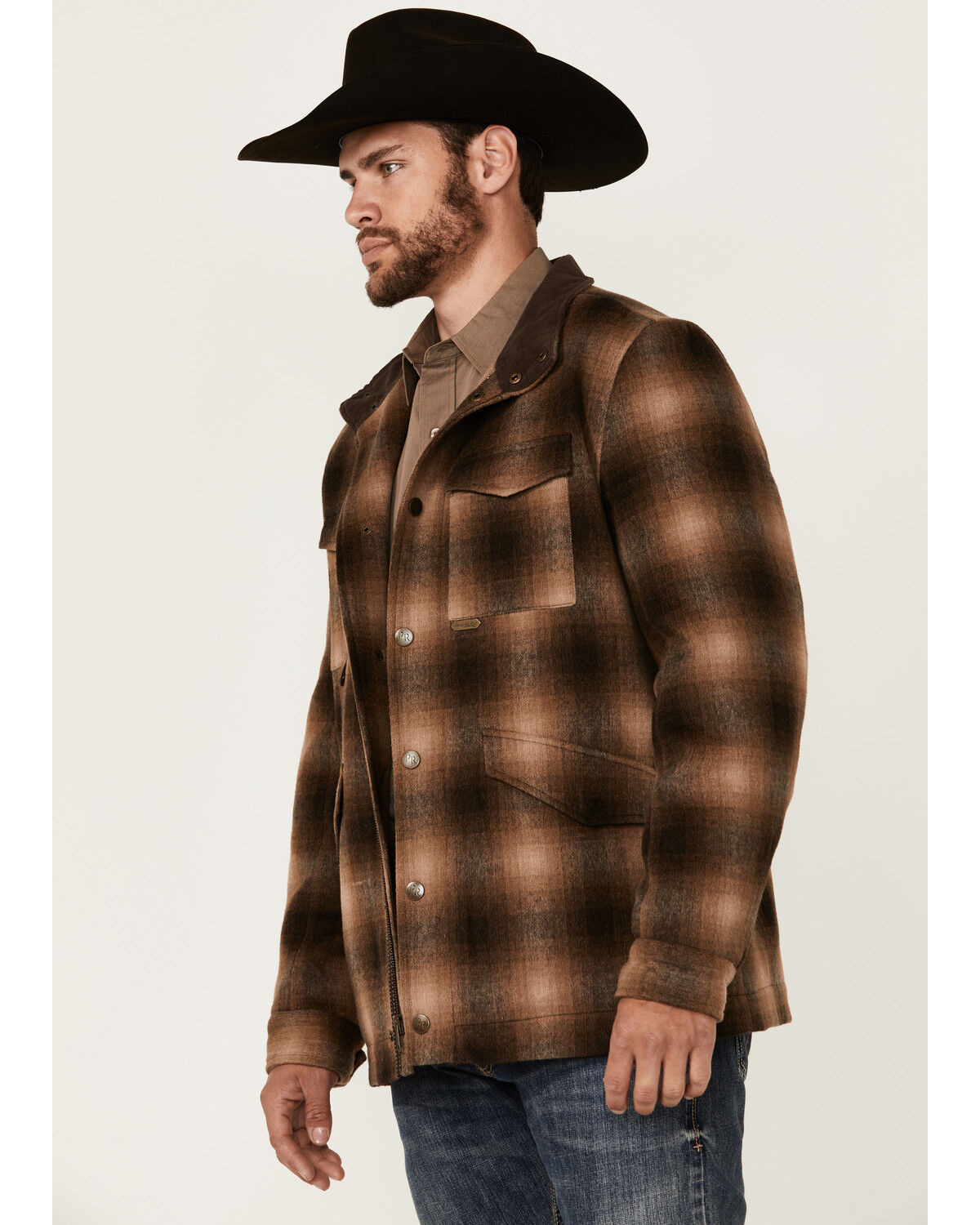 Image #2 - Powder River Outfitters Men's Plaid Print Heavy Brushed Wool Snap Jacket, Brown, hi-res