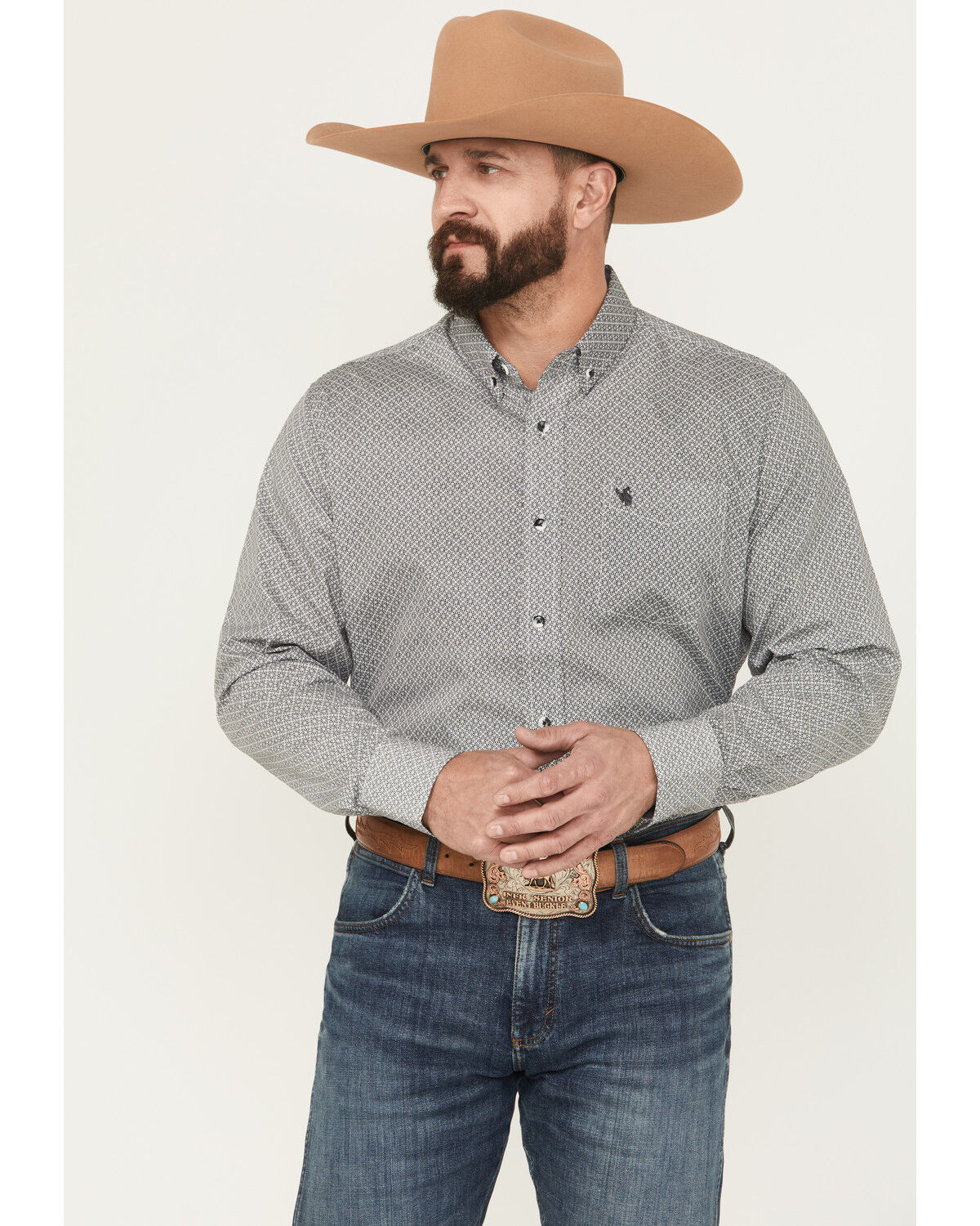 Image #1 - Rodeo Clothing Men's Geo Print Long Sleeve Button-Down Shirt, Grey, hi-res