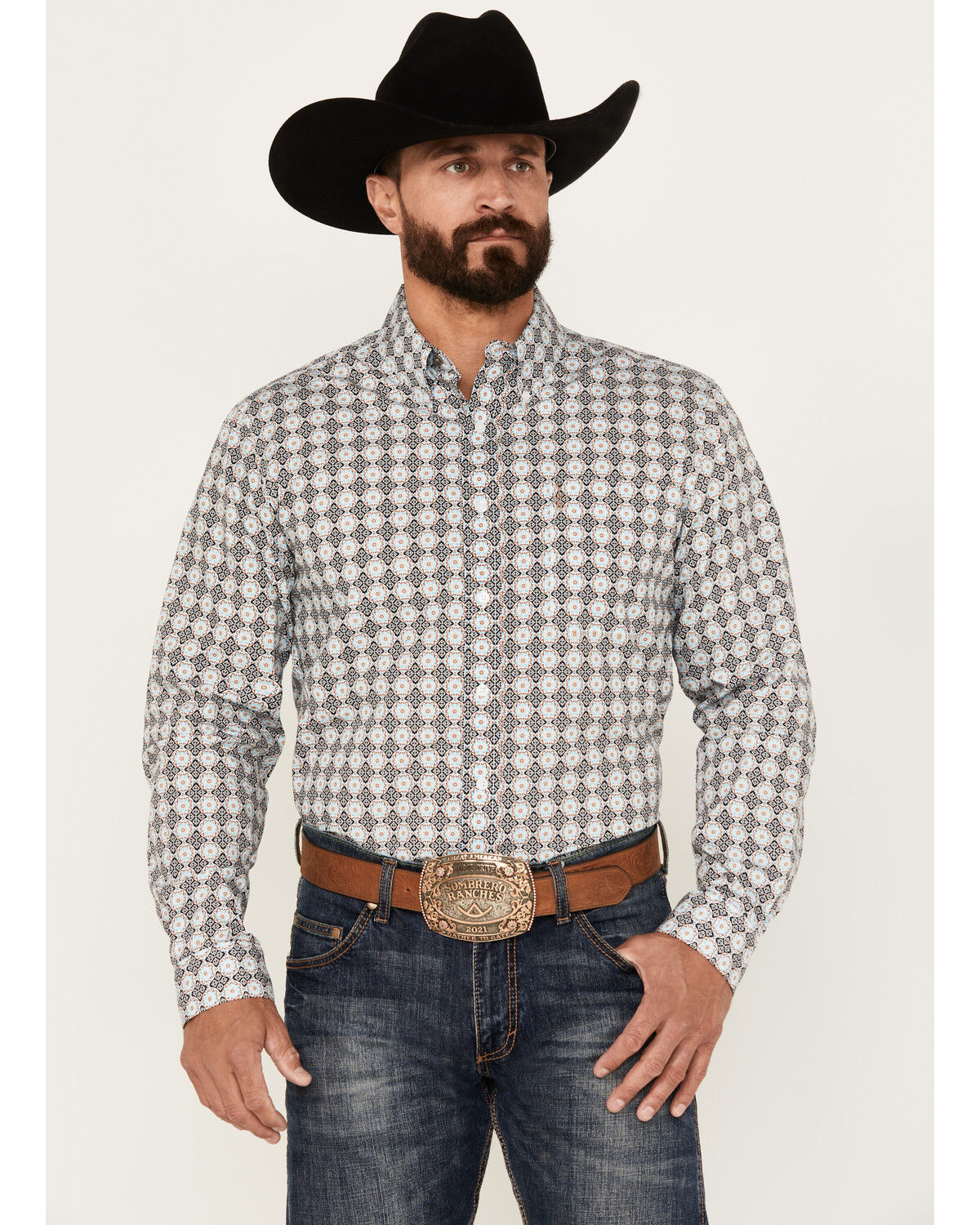 Image #1 - Cinch Men's Medallion Print Long Sleeve Button-Down Western Shirt, Light Blue, hi-res