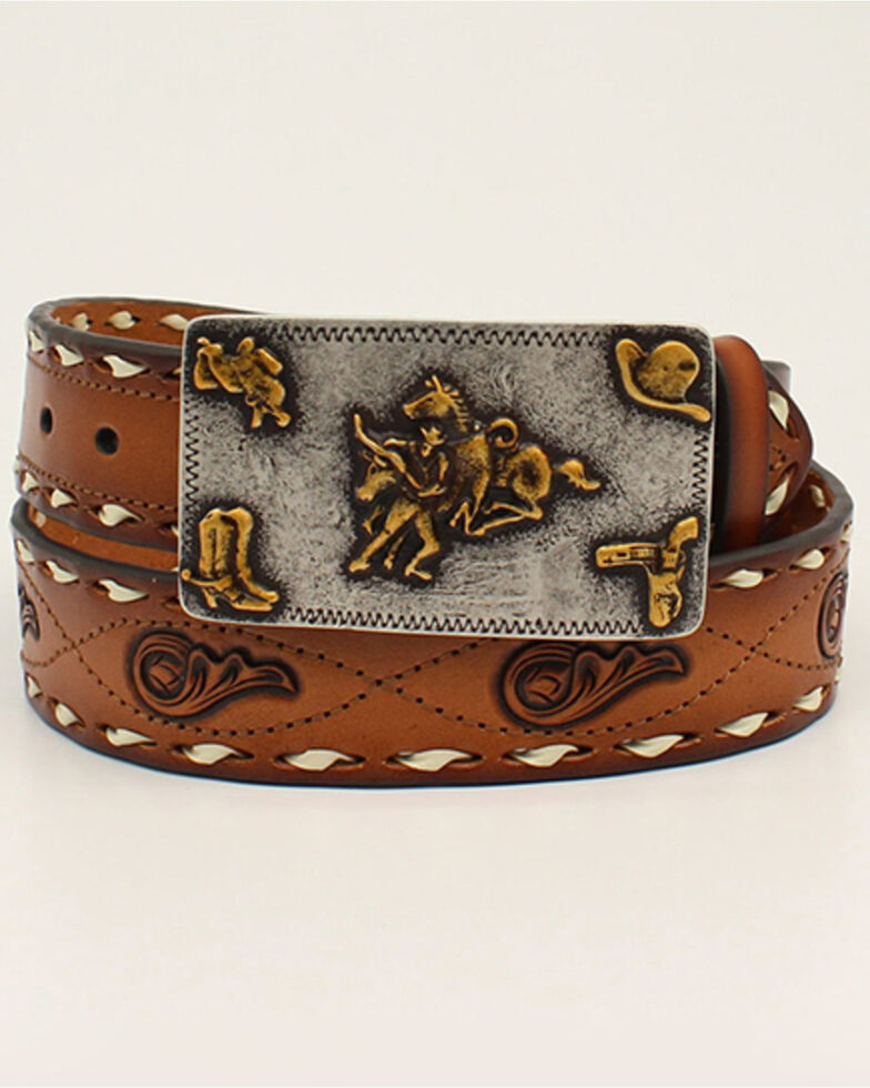 M & F Western Women's Floral Tooled Belt , Brown, hi-res