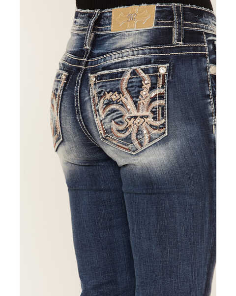 Image #2 - Miss Me Women's Medium Wash Mid Rise Embroidered Sequin Bootcut Stretch Denim Jeans, Dark Blue, hi-res