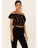 Revel Women's Black & Gold Southwestern Lurex Off-Shoulder Short Sleeve Crop Top  , Black, hi-res