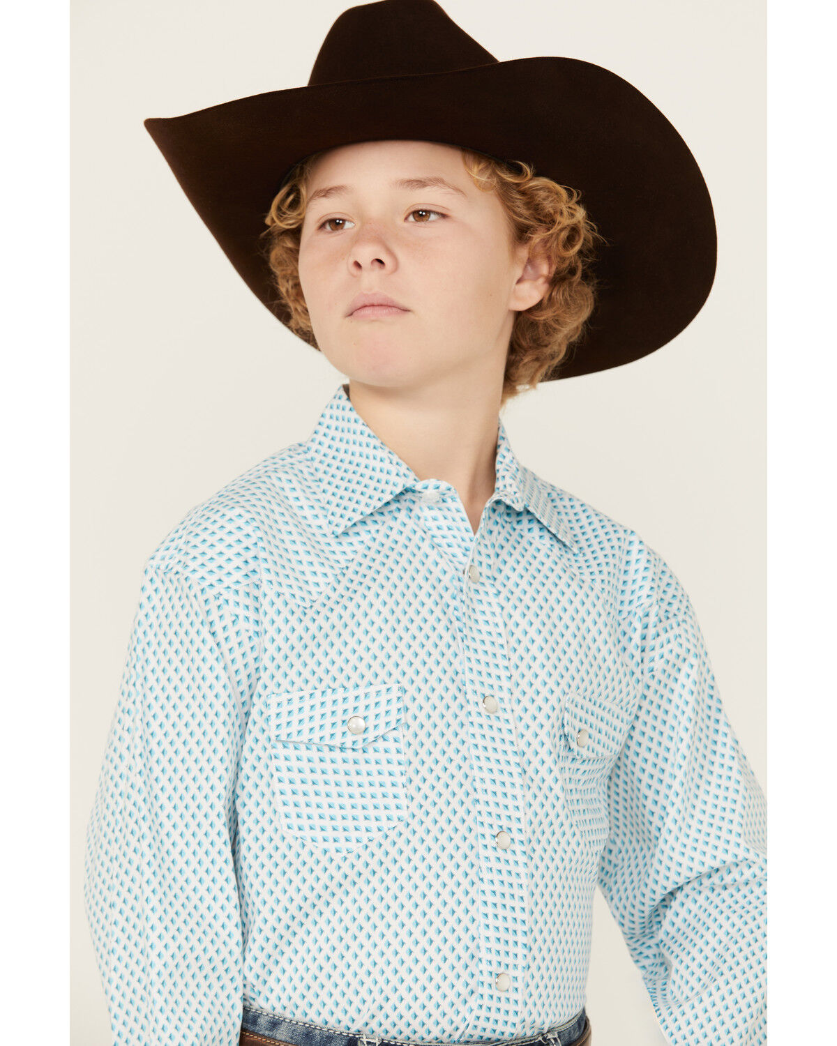 Image #2 - Rock & Roll Denim Boys' Dizzy Geo Print Long Sleeve Pearl Snap Western Shirt, Turquoise, hi-res