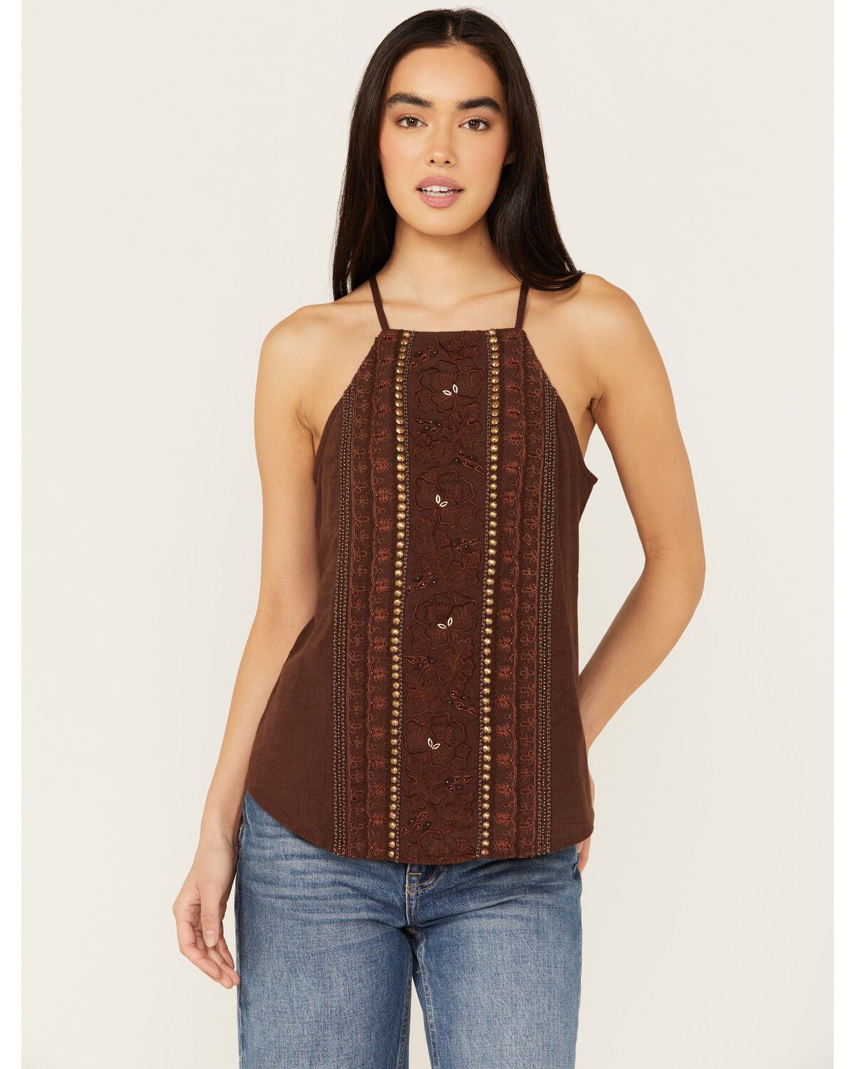 Image #1 - Shyanne Women's Embellished Halter Tank, Dark Brown, hi-res