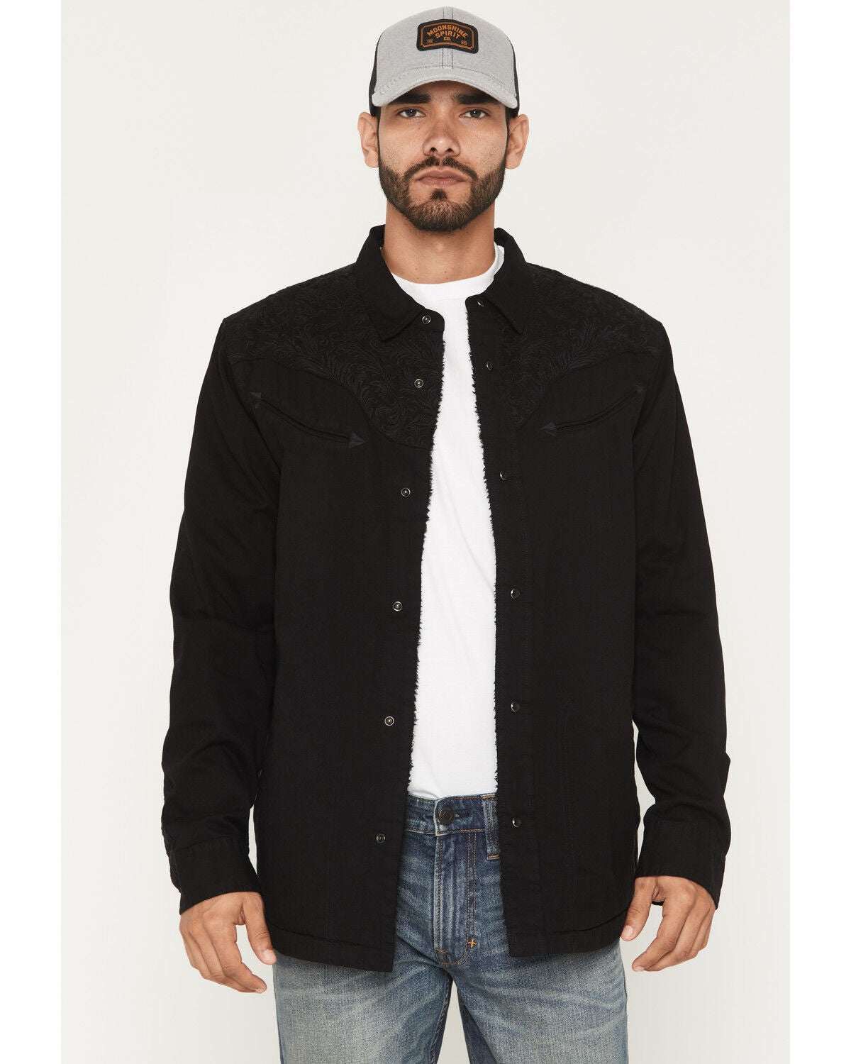 Moonshine Spirit&reg; Men's Searcy Sherpa Lined Embroidered Shirt Jacket, Black, hi-res