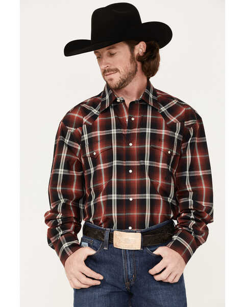 Image #1 - Roper Men's Pinewood Plaid Print Long Sleeve Pearl Snap Western Shirt, Red, hi-res