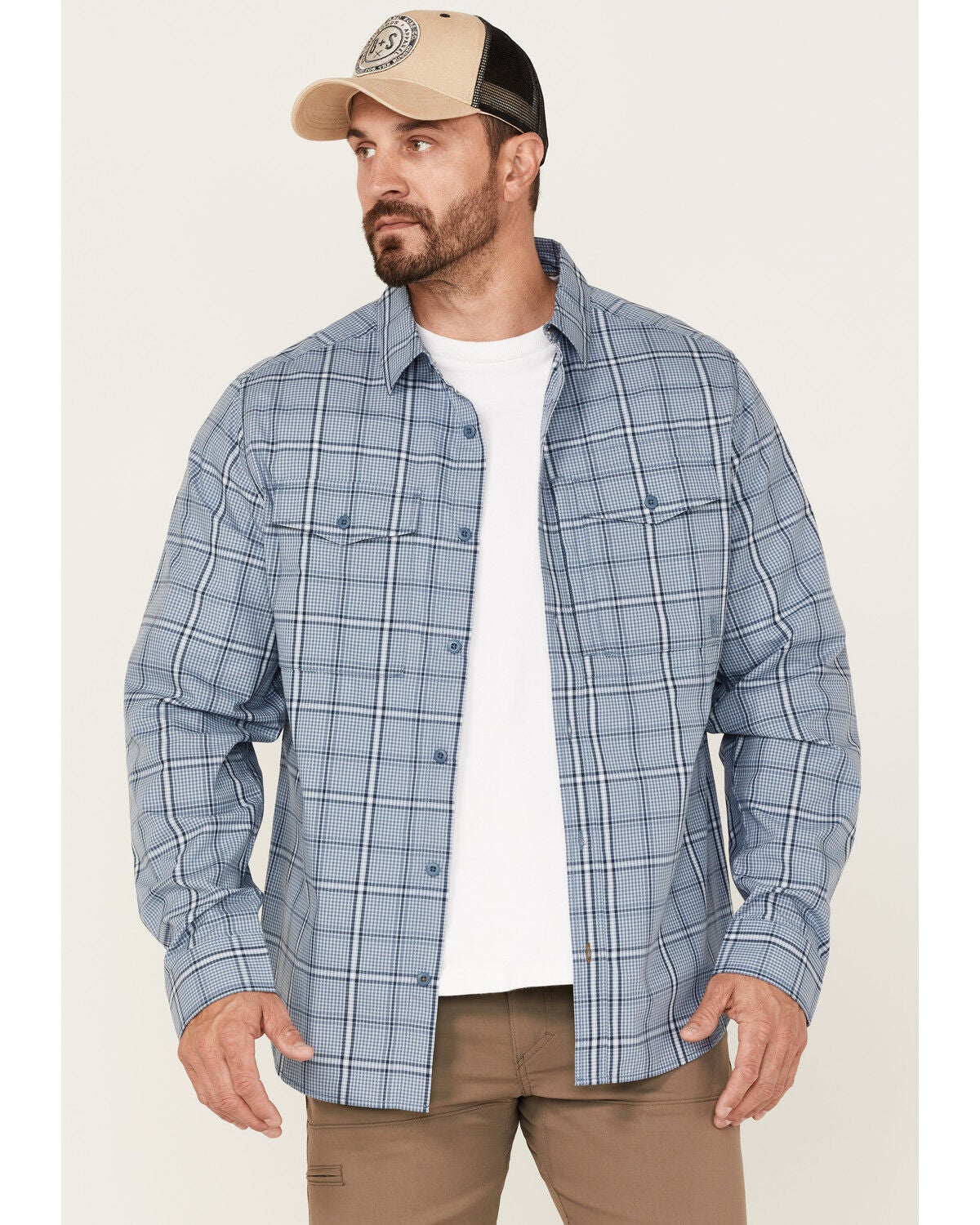 Image #1 - Brothers and Sons Men's Plaid Performance Long Sleeve Button-Down Western Shirt, Light Blue, hi-res