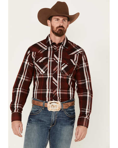 Image #1 - Wrangler Men's Plaid Print Long Sleeve Snap Western Shirt, Wine, hi-res