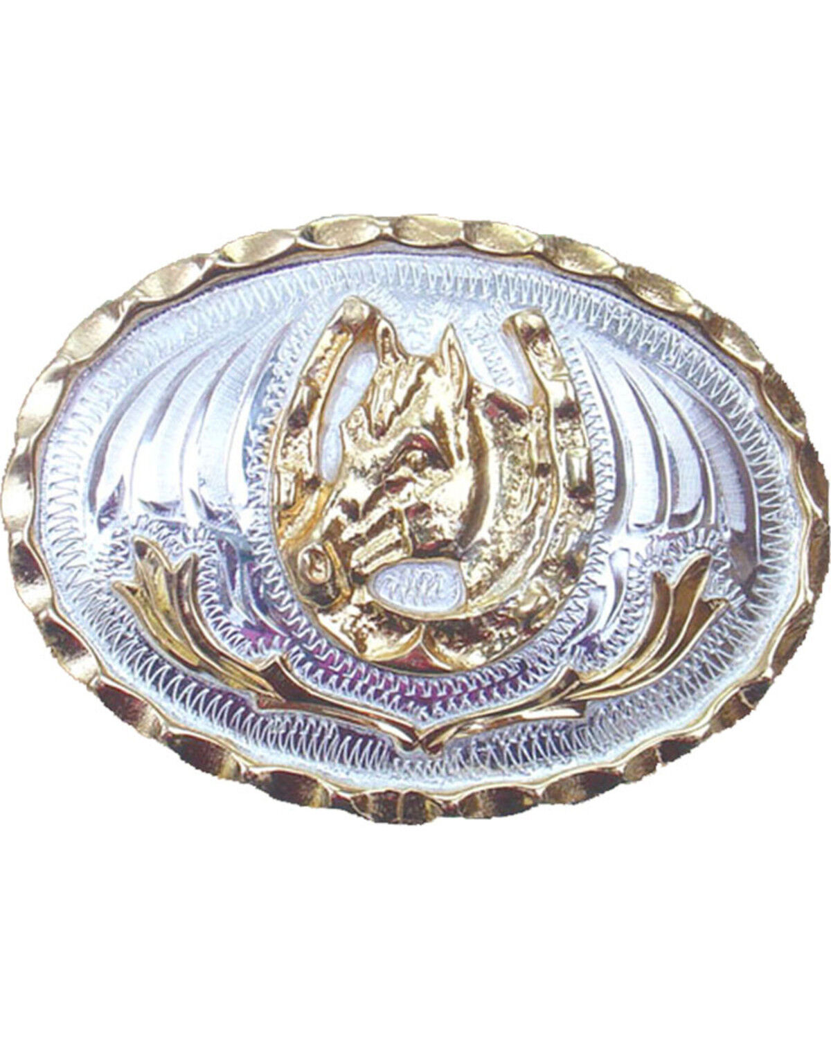 Image #1 - Western Express Men's Small Horsehead and Horseshoe Belt Buckle, Silver, hi-res