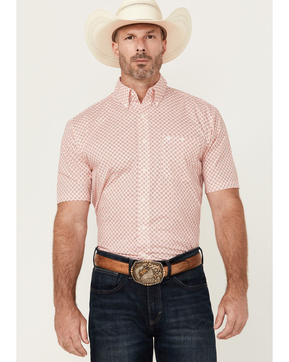 Image #1 - Wrangler Men's Classic Medallion Print Short Sleeve Button-Down Western Shirt, Orange, hi-res