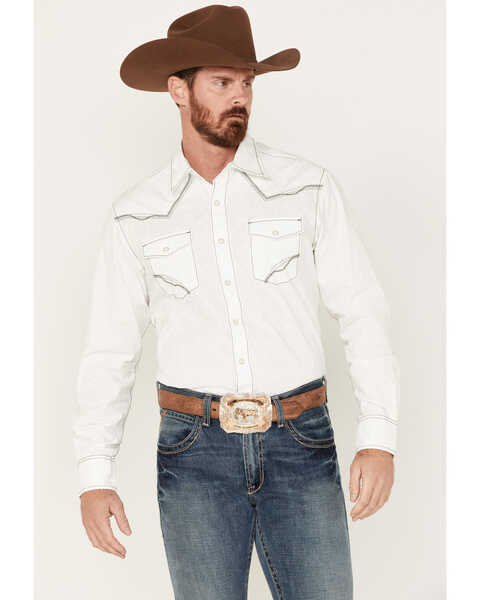 Image #1 - Rock 47 by Wrangler Men's Solid Long Sleeve Snap Western Shirt, White, hi-res