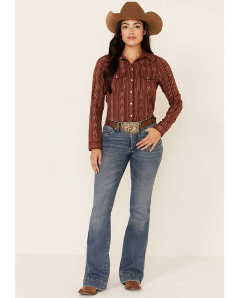 Image #1 - Shyanne Women's Striped Long Sleeve Pearl Snap Western Shirt , Chocolate, hi-res